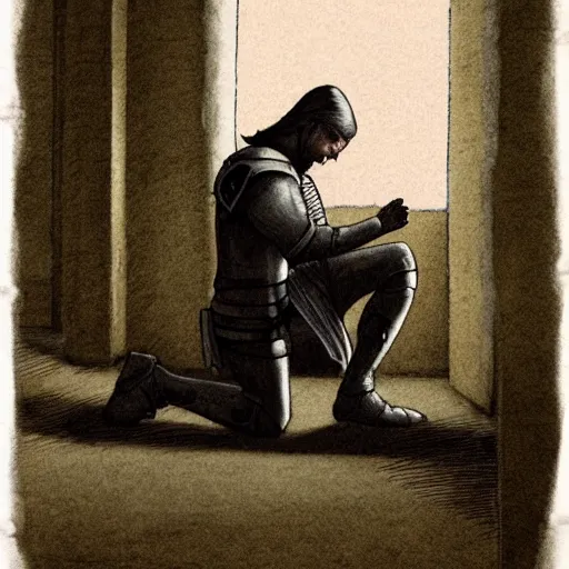 Prompt: A pale young man stands kneeling inside a prison cell. Clad in shining armor he kneels and prays to a God others would have long abandoned. Sunshine lightly grazes his cheeks as he prays, his broken spear used as a cross to focus on. The knight's expression is sad, pensive, but resolute, decisive and stubborn.