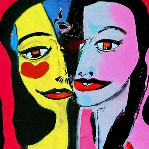 Image similar to beautiful painting of two bizarre psychedelic goth women kissing each other closeup in a cafe in japan, speculative evolution, mixed media collage by basquiat and jackson pollock, magazine collage art, sapphic art, lesbian art
