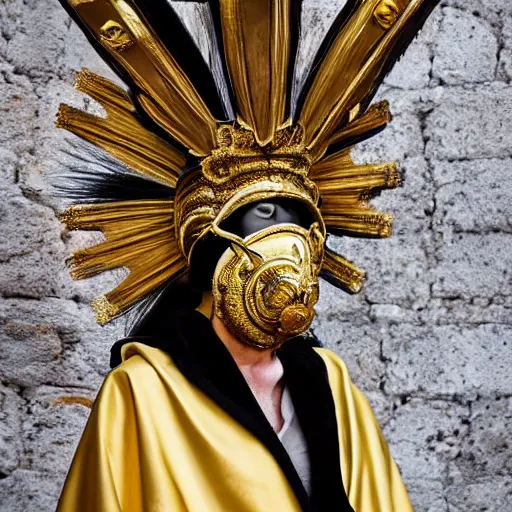 Image similar to full standing figure baroque cultist wearing large occult headpiece, skirt, venice carnival, full face gold Volto mask, mid shot, hyperrealistic