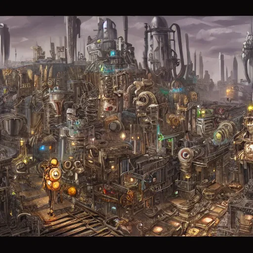 Image similar to robot city, steampunk art, fantasy style, super high detail, super high quality, talented artist, trending on artstation, machinarium