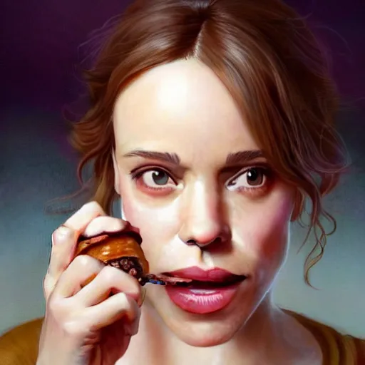 Prompt: portrait of Rachel McAdams eating hamburgers, extra onions and ketchup, luscious patty with sesame seeds, feminine ethereal, handsome, D&D, fantasy, intricate, elegant, highly detailed, digital painting, artstation, concept art, matte, sharp focus, illustration, art by Artgerm and Greg Rutkowski and Alphonse Mucha