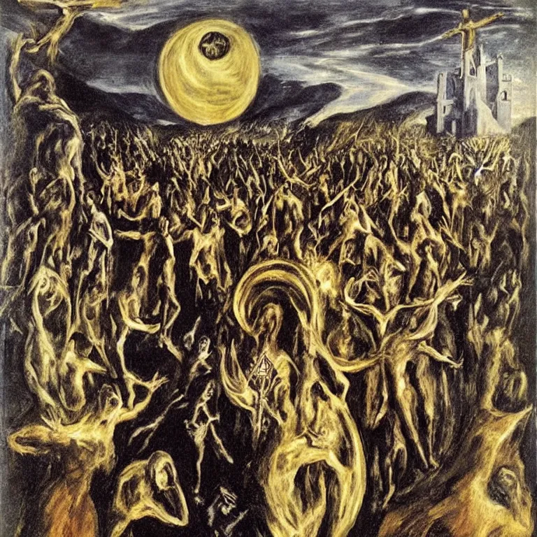 Image similar to A Holy Week procession of souls in a Spanish landscape at night. A figure at the front holds a cross. El Greco, Remedios Varo, Salvador Dali.