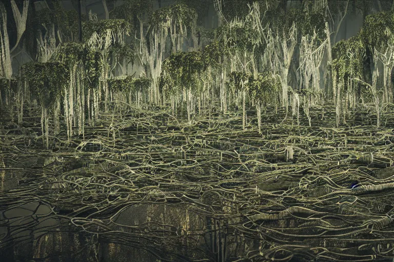 Image similar to Swamp full of trees made out of thousands of wires and pipes with an ancient technomancer temple in the center, close up, ultra realistic reflections, octane render