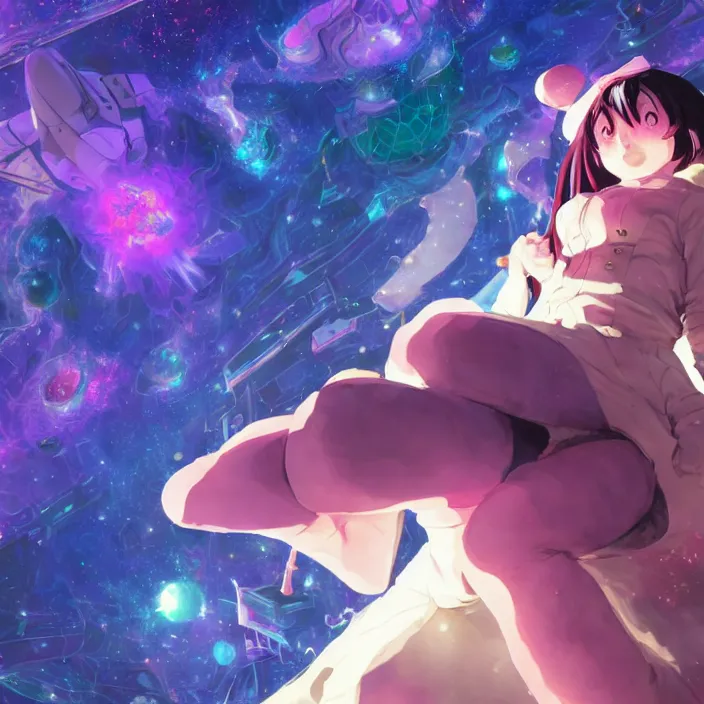 Image similar to close up of Albedo from overlord, close up of mamimi samejima from flcl, psychedelic background, epcot, inside a space station, eye of providence, female anime character, Lain, uwu, uwu, Luminism, surrealism, Ruan Jia, uwu Hi-Fructose, Artstation, HD, HDR, High Resolution, giygas