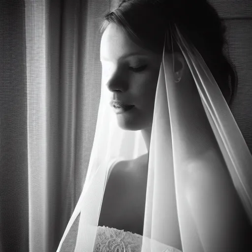 Prompt: Photorealistic portrait of a woman model wearing a wedding veil, looking out the window, dramatic lighting, 55mm