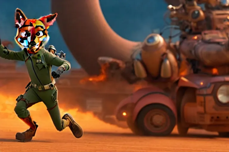 Image similar to nick wilde ( from zootopia ), heavily armed and armored facing down armageddon in a dark and gritty reboot from the makers of mad max : fury road