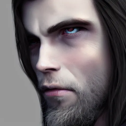 Image similar to a highly detailed portrait of a man with purple eyes, light gray long hair, beardless, wearing a black cloak, artstation, DeviantArt, professional, octane render