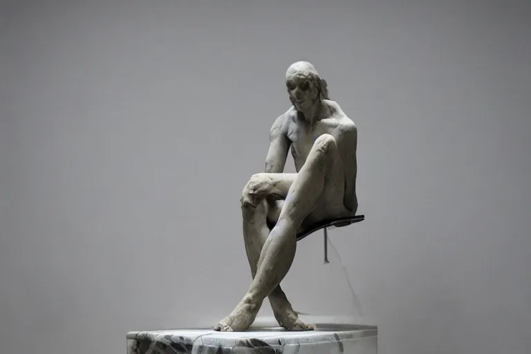 Image similar to a sculpture of a person sitting on top of a chair, a marble sculpture by nicola samori, behance, neo - expressionism, marble sculpture, apocalypse art, made of mist, masterpiece, bokeh, soft light