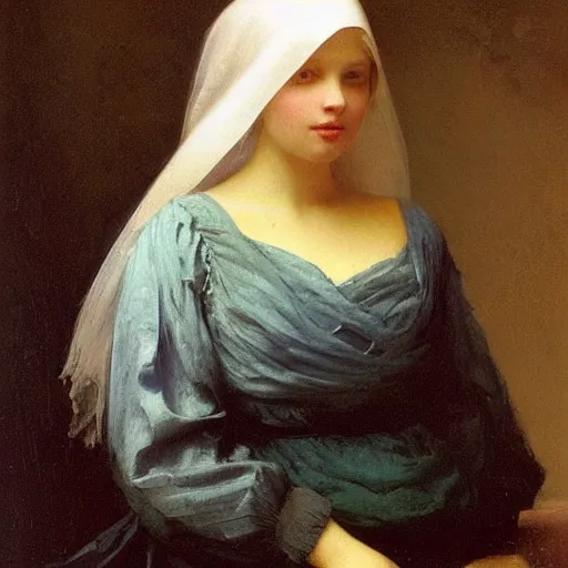 Image similar to a young woman’s face, her hair is white, she wears a long flowing blue satin veil, natural sunlight, by ivan aivazovsky and pieter claesz and paul delaroche and alma tadema and august malmstrom and and willen claesz heda and aelbert cuyp and gerard ter borch and isaac levitan and carl gustav carus, detailed, hyperrealistic, rendered in octane, rendered in redshift