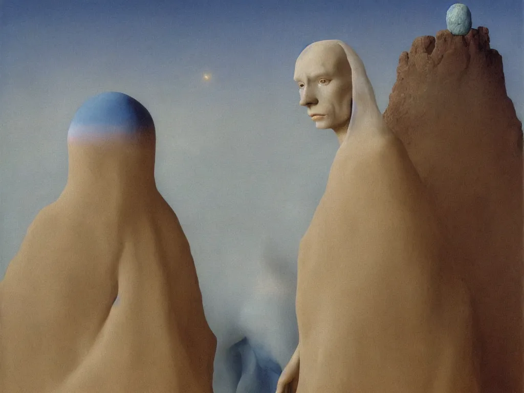 Image similar to Portrait of albino mystic with blue eyes, with the sacred glowing rock in the lithium salt desert. Painting by Jan van Eyck, Beksinski, Rene Magritte, Agnes Pelton, Max Ernst, Walton Ford