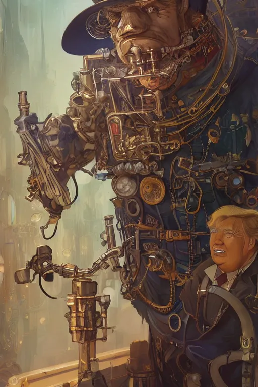 Image similar to anthropomorphic trump as steampunk half - cyborg, western, high fantasy, dnd, smooth, sharp focus, illustration, highly detailed, digital painting, artstation, concept art, by disney animation, rossdraws, alphonse mucha, frank fanzzeta, collectible card art