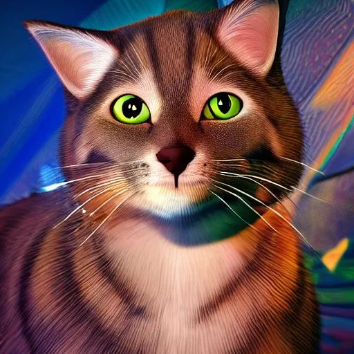 Prompt: photorealistic cat dog hybrid. hyperdetailed photorealism, 1 0 8 megapixels, amazing depth, high resolution, 3 d shading, 3 d finalrender, 3 d cinematic lighting, glowing rich colors, psychedelic overtones, artstation concept art.