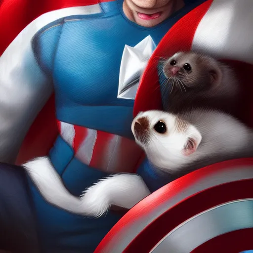 Image similar to A ferret is cuddling Captain America, hyperdetailed, artstation, cgsociety, 8k