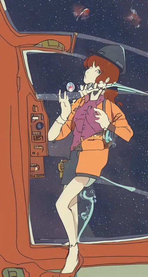 Image similar to a young cowgirl in space smoking a cigarette while looking out the window of her spaceship, sad and introspective, 9 0 s anime style