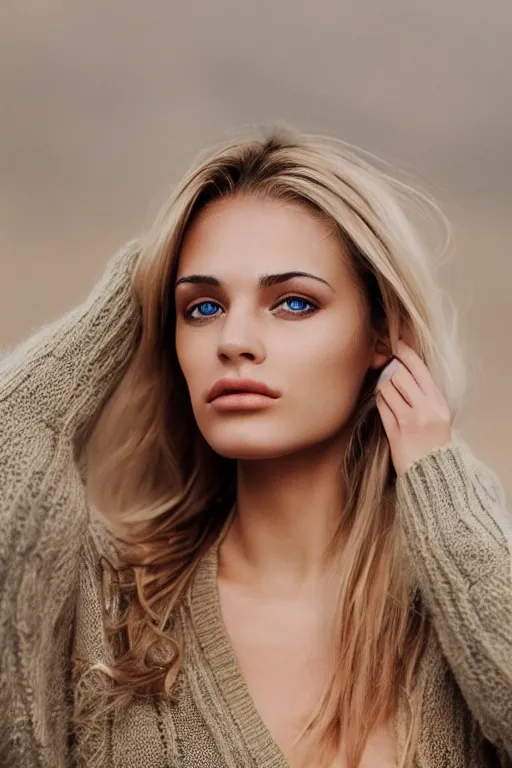 Prompt: olive skinned blonde female model in her twenties, wearing a v - neck sweater, looking content, focused on her neck, photo realistic, extreme detail skin, natural beauty, no filter, slr, golden hour, 4 k, high definition, selfie