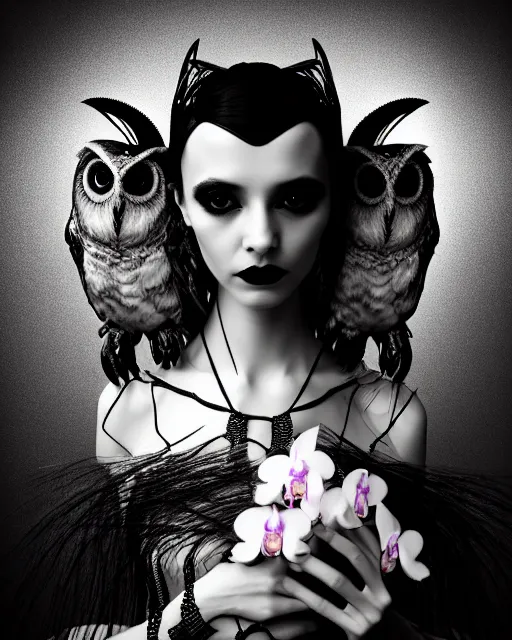 Image similar to surreal mythical dreamy dark artistic black and white fine art 3 / 4 fashion portrait photo of a young beautiful delicate female robot - witch - owl with orchid - doll face, rim light, cinematic, studio dramatic light, poetic, masterpiece, octane render, 8 k, photo - realistic by gustave dore hg giger