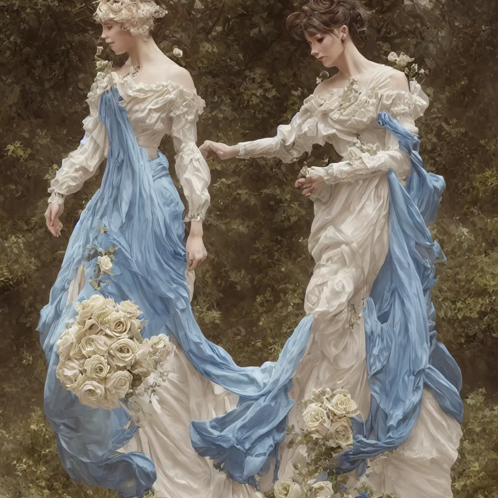 Image similar to lady dressed in a vaporous wrapped large victorian cream roses silk semi-transparent blue and cream dress fashion is running D&D, fantasy, intricate, elegant, highly detailed, digital painting, artstation, concept art, matte, sharp focus, illustration, art by Artgerm and Greg Rutkowski and Alphonse Mucha