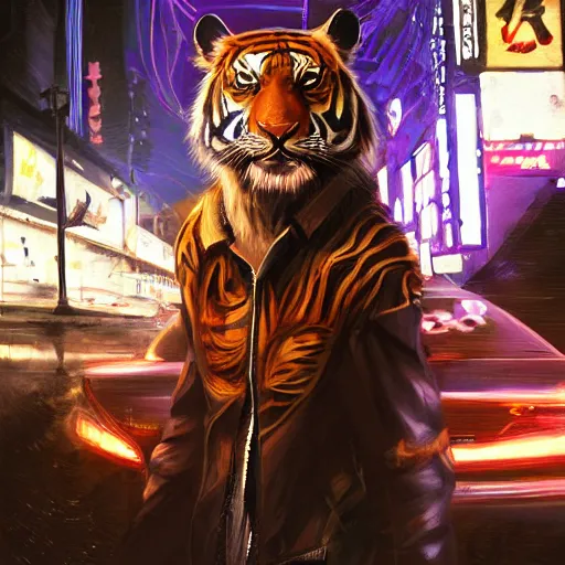 Image similar to a beautfiul award winning commission portrait of an anthro tiger in the neon cyberpunk city at night,wearing a leather jacket,glow effect,detailed face,photorealistic,character design by charles bowater,ross tran,deviantart,artstation,digital art,hyperdetailed,realistoc,western comic style,vfx,dramatic