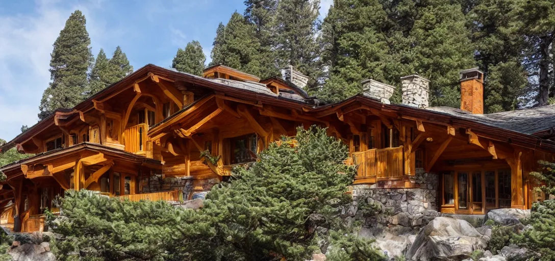 Image similar to mountain chalet designed by julia morgan. 8 k.