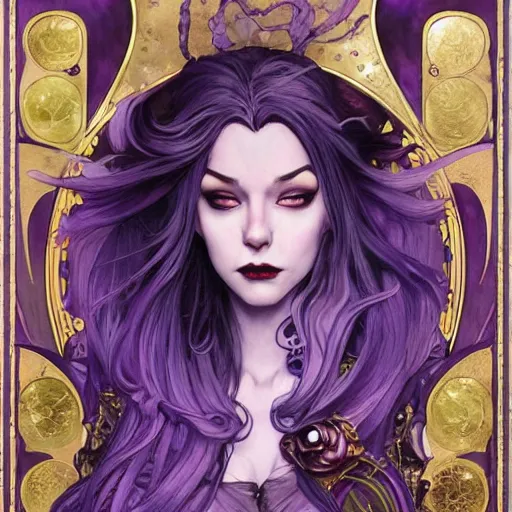 Prompt: vampire with purple hair in sci - fi power armor, highly detailed, very intricate, art nouveau, gold filigree, romantic storybook fantasy, soft cinematic lighting, award - winning, disney concept art watercolor illustration by mandy jurgens and alphonse mucha and alena aenami, pastel color palette, featured on artstation