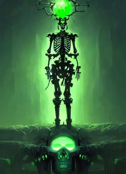 Image similar to portrait of a cyber skeleton, holding a glowing green crown of phantasmal swords, intricate, glowing lights, highly detailed, digital painting, artstation, concept art, smooth, sharp focus, illustration, art by wlop, mars ravelo and greg rutkowski