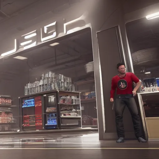 Prompt: elon musk as a store cashier, gta artstyle, wide shot, dramatic lighting, octane render, hyperrealistic, high quality, highly detailed, artstation, HD, beautiful, cinematic, 8k, unreal engine, facial accuracy, symmetrical