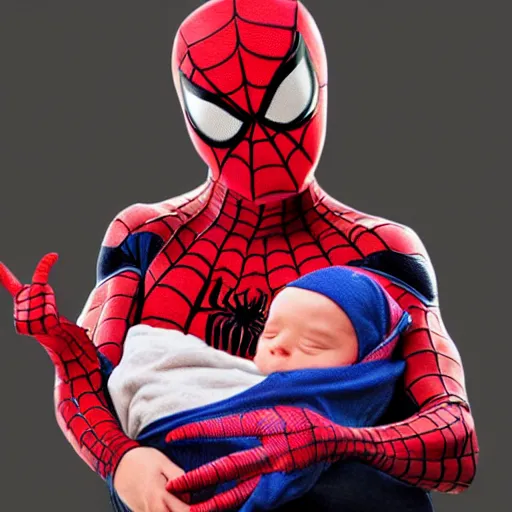 Image similar to realistic photo of spiderman holding baby wearing spiderman costumes