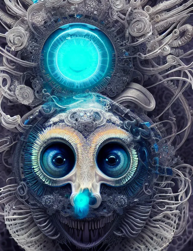 Image similar to eye of god macro close - up portrait with mask made of ram skull. betta fish, jellyfish phoenix, plasma, ice, water, wind, creature, super intricate ornaments artwork by tooth wu and wlop and beeple and greg rutkowski