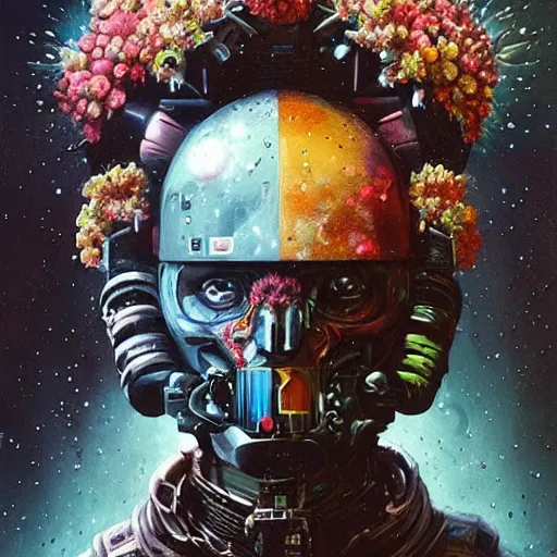 Image similar to art portrait of space marine with flowers exploding out of head, cameras, decaying ,8k,by tristan eaton,Stanley Artgermm,Tom Bagshaw,Greg Rutkowski,Carne Griffiths, Ayami Kojima, Beksinski, Giger,trending on DeviantArt,face enhance,hyper detailed,minimalist,cybernetic, android, blade runner,full of colour,