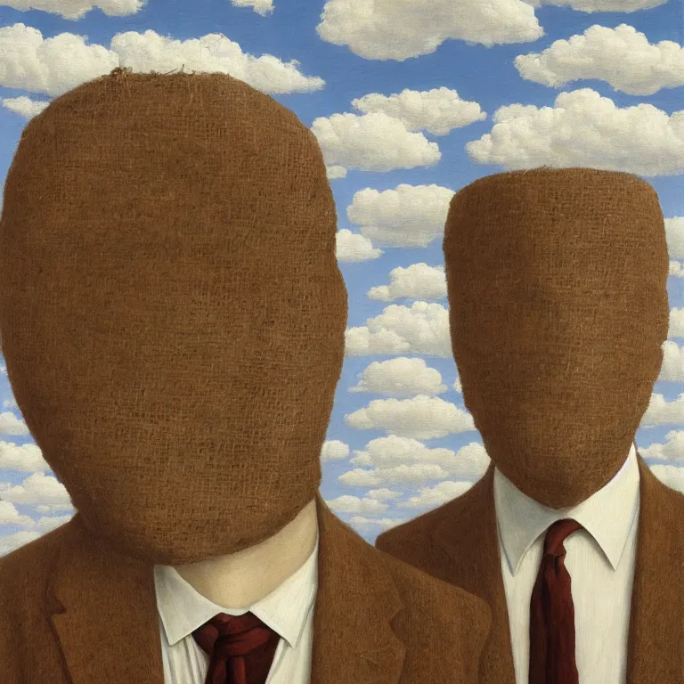 Image similar to portrait of a burlap sack - head man in a suit, clouds in the background, by rene magritte, detailed painting, distance, centered, hd, hq, high resolution, high detail, 4 k, 8 k