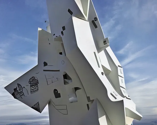 Prompt: photo of minimalist abstract cubist sculpture of curvy spaceship with random small mecha mayan decorations, covered with few large white airplane parts