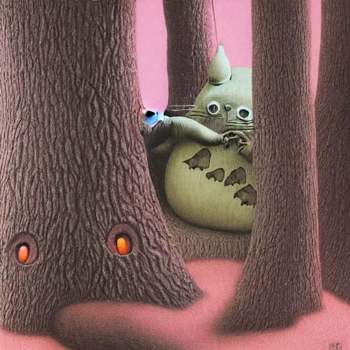 Prompt: Creepy Totoro hiding behind a tree, Studio Ghiblo, Zdzisław Beksiński