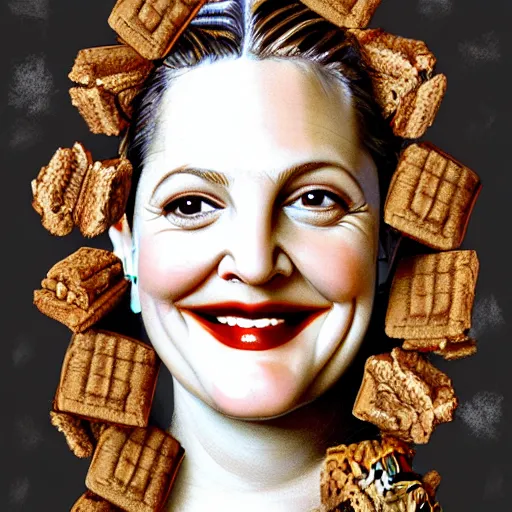 Image similar to drew barrymore in a smore, chocolate, marshmallow graham cracker, digital painting by arcimboldo