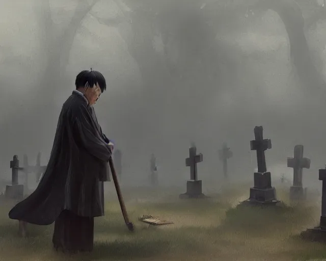 Image similar to a 50 year old brunnete chinese man Standing at a funeral in a cemetery next to the grim reaper, horror scene, dramatic, anime art, Greg Rutkowski, studio ghibli, dramatic lighting