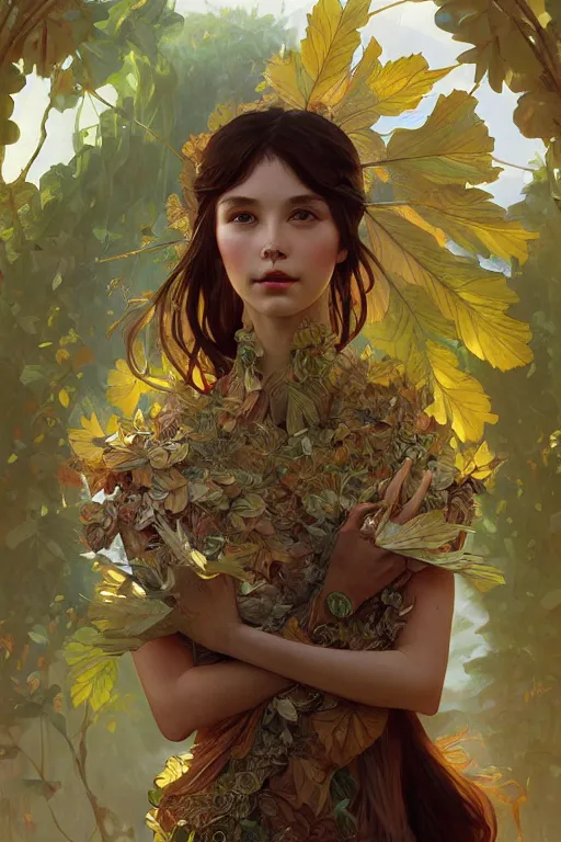 Image similar to beautiful ancient girl in makeshift leaf armor, highly detailed, digital painting, artstation, sharp focus, illustration, art by tan zi and ayanamikodon and alphonse mucha and wlop