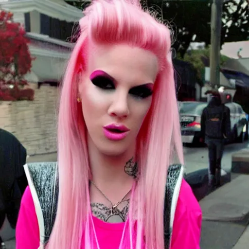 Prompt: photo of jeffree star in the 2 0 0 0 s with pink red hair holding flopphone
