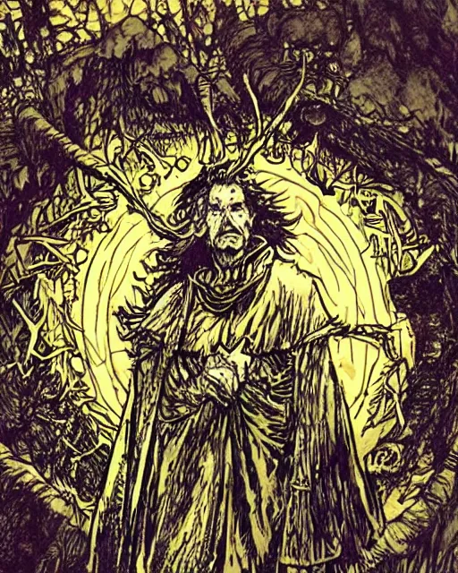 Prompt: a druid standing in a circle at the beginning of the world by marc silvestri