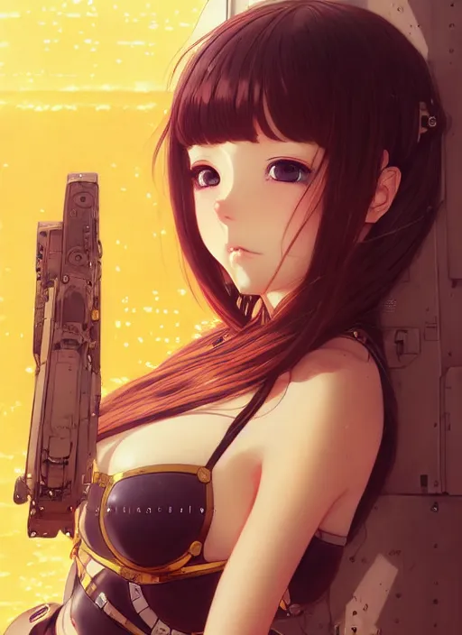 Image similar to portrait of beautiful young anime girl in bikini armor, cute-fine-face, pretty face, realistic shaded Perfect face, fine details. Anime, cyberpunk, Warhammer, highly detailed, artstation, illustration, art by Ilya Kuvshinov and Gustav Klimt