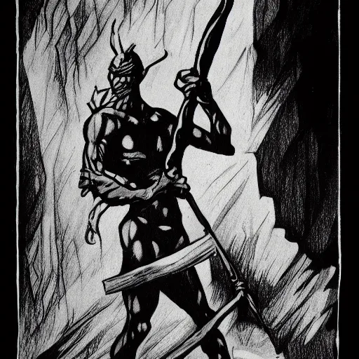 Prompt: A blind fishman holding a spear in a dark cave. Pencil drawing. Black and white. Mike Mignola.