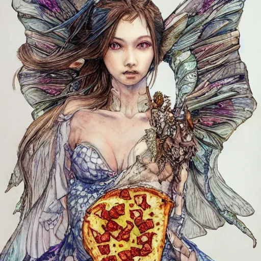 Image similar to fairy girl with wings made of pizza slices, watercolor, pen and ink, intricate line drawings, by Yoshitaka Amano, Ruan Jia, Kentaro Miura, Artgerm, detailed, trending on artstation, hd, masterpiece,