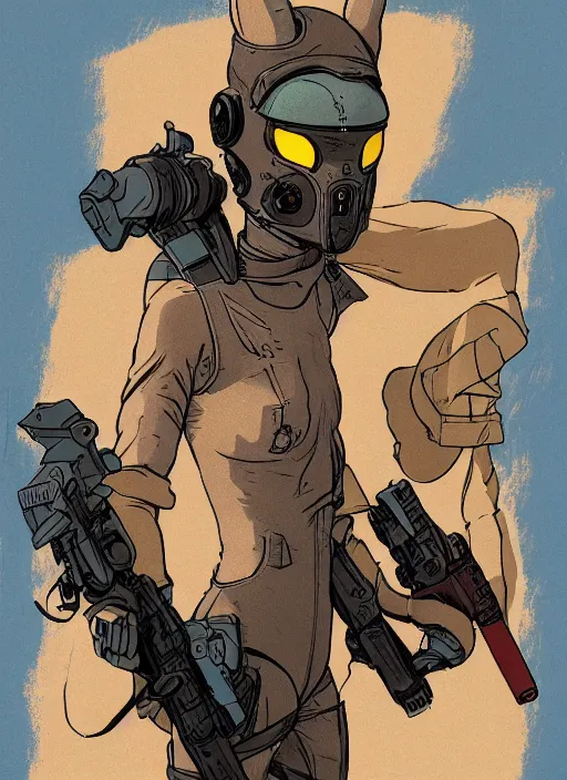 Image similar to mr rabbit dressed in combat gear. cyberpunk rabbit mercenary in tactical gear and jumpsuit. portrait by stonehouse and mœbius and will eisner and gil elvgren and pixar. realistic proportions. dystopian. cyberpunk 2 0 7 7, apex, blade runner 2 0 4 9 concept art. cel shading. attractive face. thick lines.