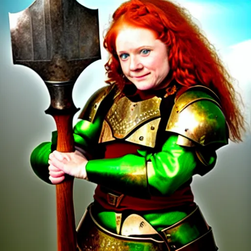 Image similar to dwarven woman, ginger hair, green eyes, holding hammer and shield with plate armour