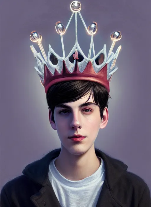 Image similar to portrait of teenage jughead jones wearing a light grey crown, photorealistic, crown, eyes closed, crown, black hair, intricate, elegant, glowing lights, highly detailed, digital painting, artstation, concept art, smooth, sharp focus, illustration, art by wlop, mars ravelo and greg rutkowski