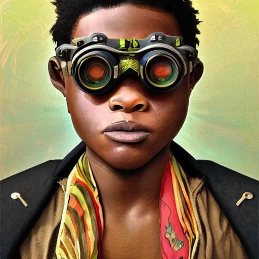 Image similar to colourful vfx upper half - portrait - art of a nigerian boy wearing steam punk goggles, art by alphonse mucha & james jean, digital render, digital illustration, concept art, caricature, volumetric light, ray tracing, symmetrical, unreal engine, octane 3 d render, sharp, detailed, intricate detail, pinterest, behance, art station,