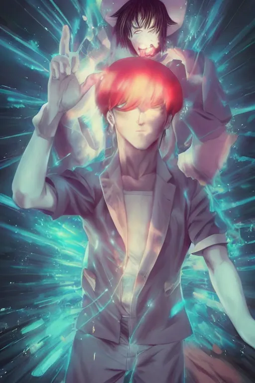 Image similar to full body portrait of anime manga guy emitting psychic powers, straight on, by artgerm, james jean, tom bagshaw, gerald brom, vaporwave colors, lofi colors, vaporwave, lofi, goth vibe, 4 k, smooth, hd, substance designer render, full body character concept art, perfect face, detailed face, symmetrical,