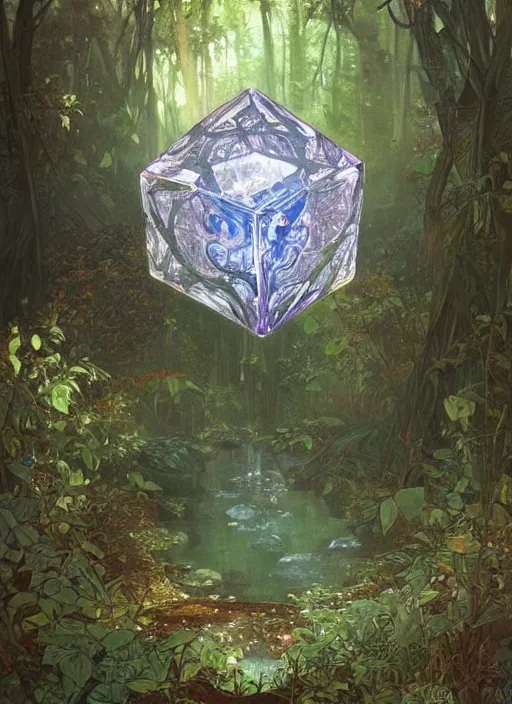 Prompt: a crystal cube in a forest, highly detailed, intricate, concept art, art station, cinematic light, realistic, ethereal light, art by Alphonse Mucha