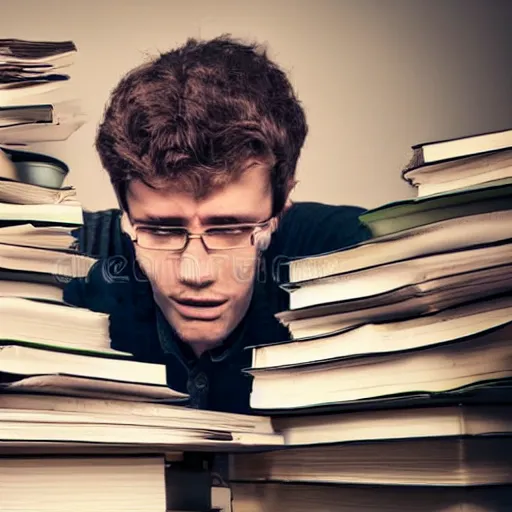 Prompt: exhausted man surrounded by stacks of papers and books, stock photo