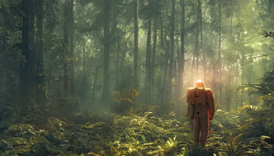 Image similar to american astronaut in the forest, plants environment, wide angle, cinematic lighting, atmospheric, realistic, octane render, highly detailed, in the style of craig mullins