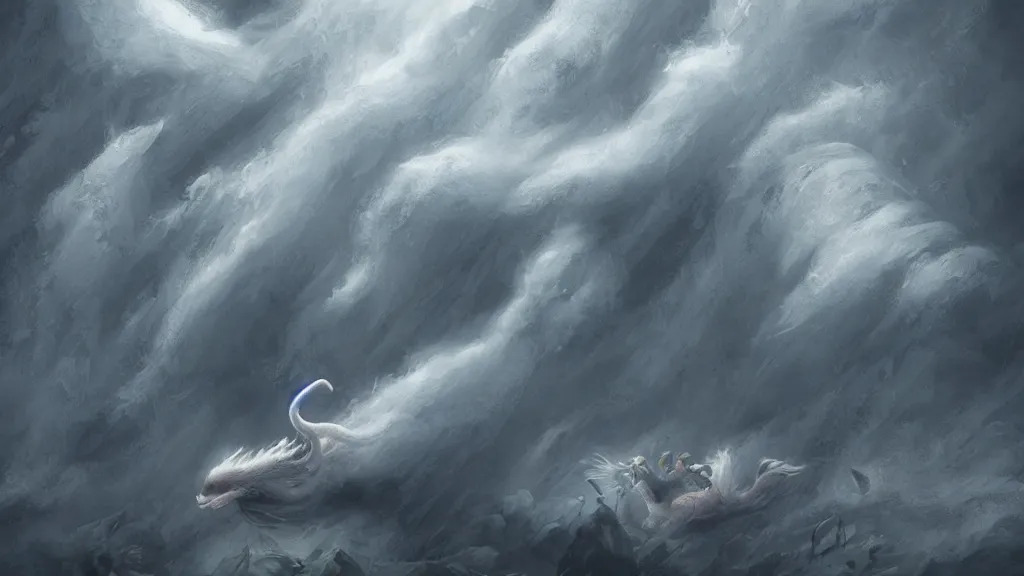 Image similar to falcor the long - bodied luck dragon flying through an epic storm called the nothing. the neverending story. rutkowski. melancholy undertones. deviantart. artstation. 3 8 4 0. 2 1 6 0.