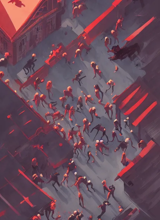 Prompt: aerial view of bloody fights in the streets during the french revolution, in the style of artgerm, gerald brom, atey ghailan and mike mignola, vibrant colors and hard shadows and strong rim light, plain background, comic cover art, trending on artstation